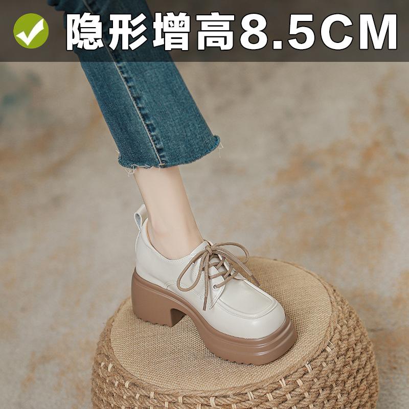 Women Inner Height Increasing Leather Shoes 8CM Hidden Heel Platform Lace Up Loafers Spring New Arrival