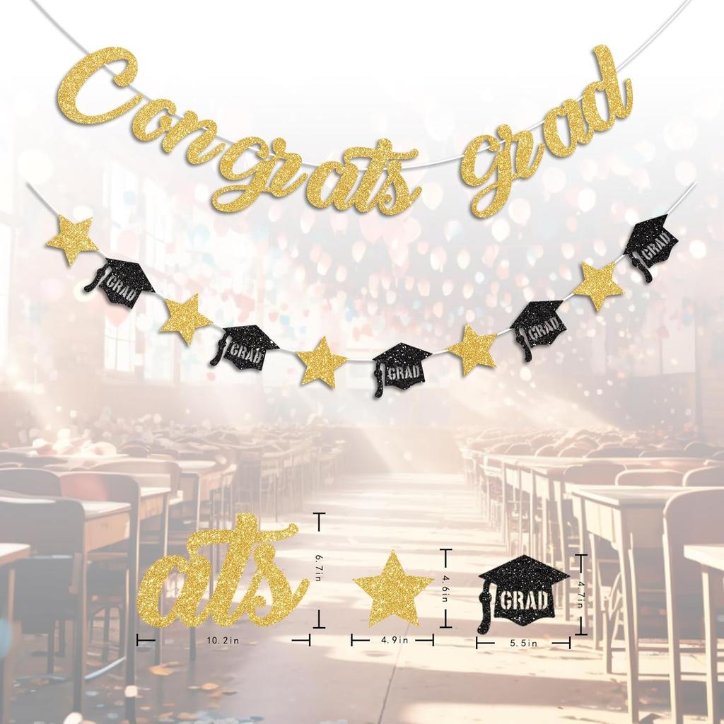 Gold Congrats Grad Banner Glitter Graduation Banner for Graduation Decorations Class of 2026 Party Supplies