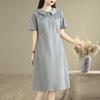 Loose and Breathable Hollow Large Size Lace Splicing Medium and Long Skirt Slim Lapel Short Sleeve Temperament Dress
