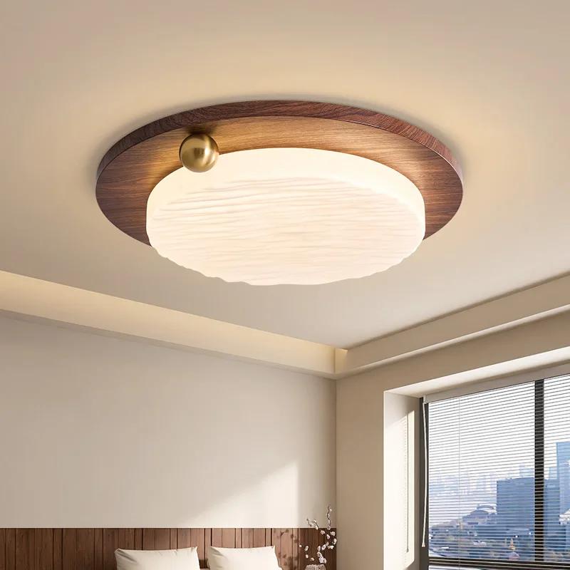 New Nordic bedroom LED ceiling light retro walnut living room acrylic lampshade cream style home decoration indoor lighting