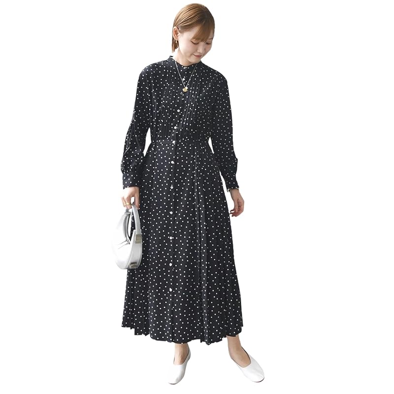 

[Ships Ladies] SHIPS for women one piece WEB limited Hand washable dot/floral pattern band color side pleats ladies 314514409 black M