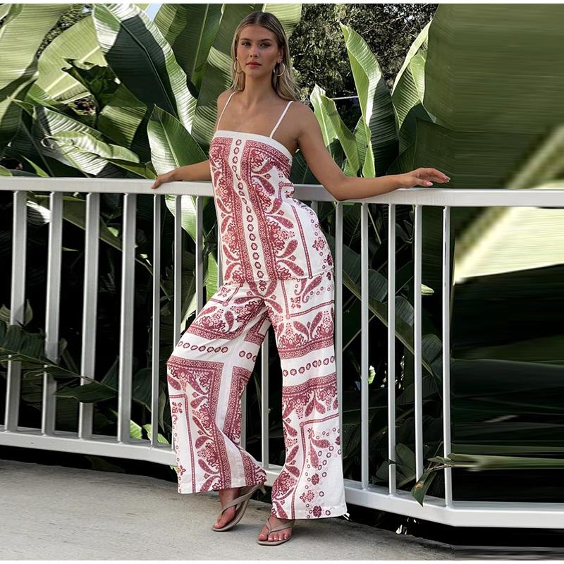 Vintage Print Strap Vest Pants Set Women Sleeveless Backless Tube Top Wide Leg Loose Trousers Female 2025 Fashion Holiday Suit