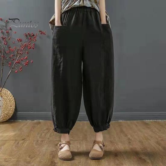 Loose Trousers Lantern Pants Summer Elastic Waist Solid Color Cotton Linen Dual Pockets Harem Ankle Length Fit Women Baggy Daily Wear Casual