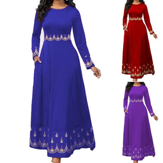 Buy Dress Zipper Closure Retro Print ONeck Long Sleeve Maxi Large Hem