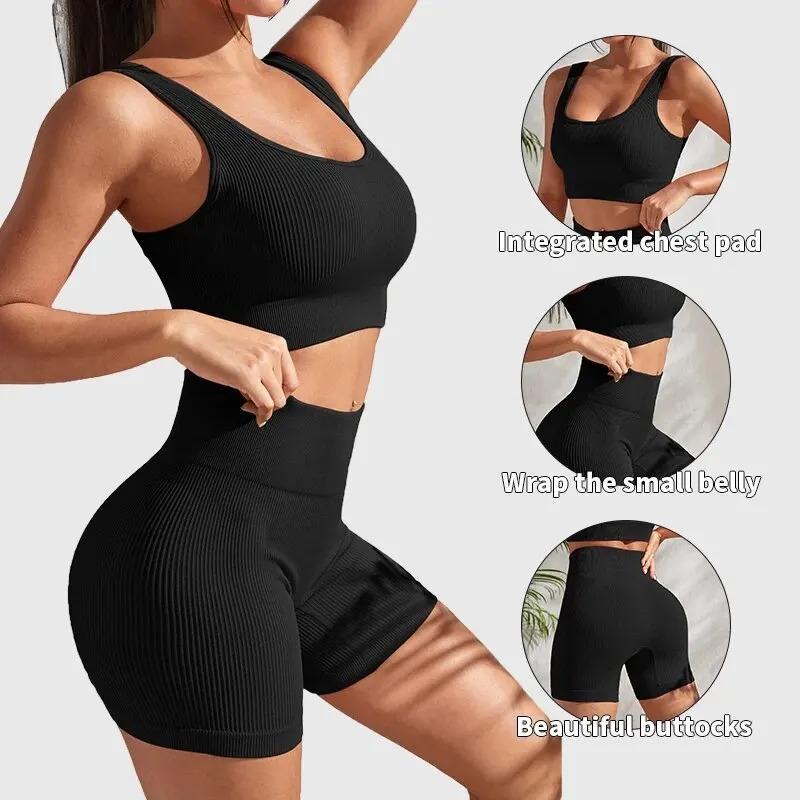 Nahtlose gerippte Yoga-Sets, Workout-Sets für Frauen, 2-teilig, Fitnessstudio-Anzüge, geripptes Crop-Tanktop, Shorts mit hoher Taille, Outfits für Fitness und Laufen