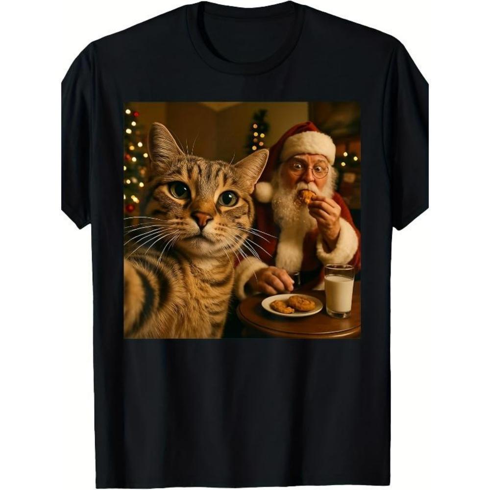 

European Sizes Funny Cat Selfie with Santa Claus Christmas Meme T-Shirt - Retro Humorous Graphic Tee for Men, All-Season Comfort S