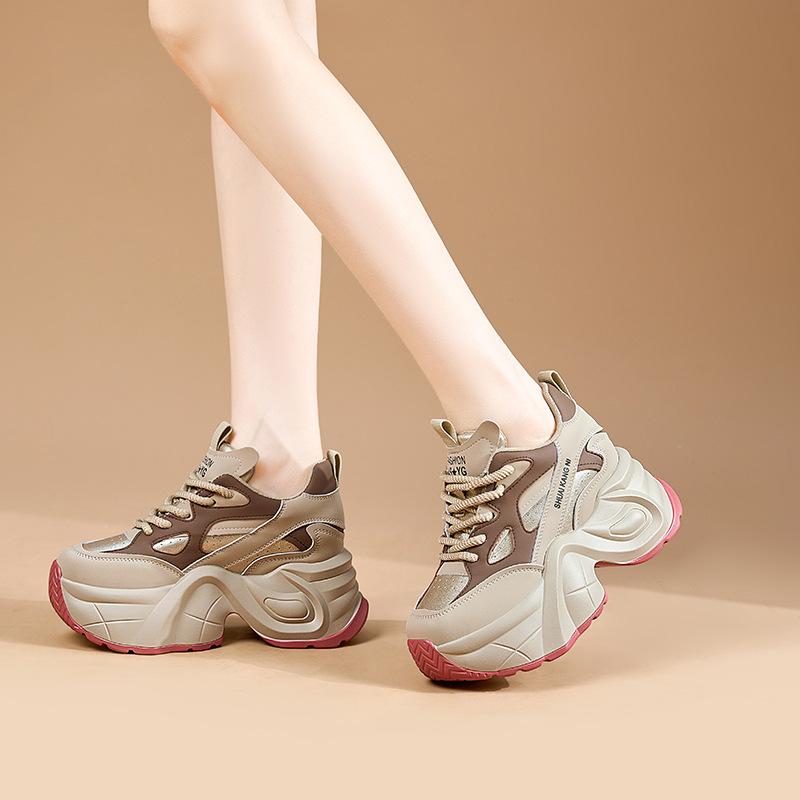 Women's Autumn and Winter Thick-soled Casual Genuine Leather Breathable Sports Shoes with Inner Height Increase Dad Shoes