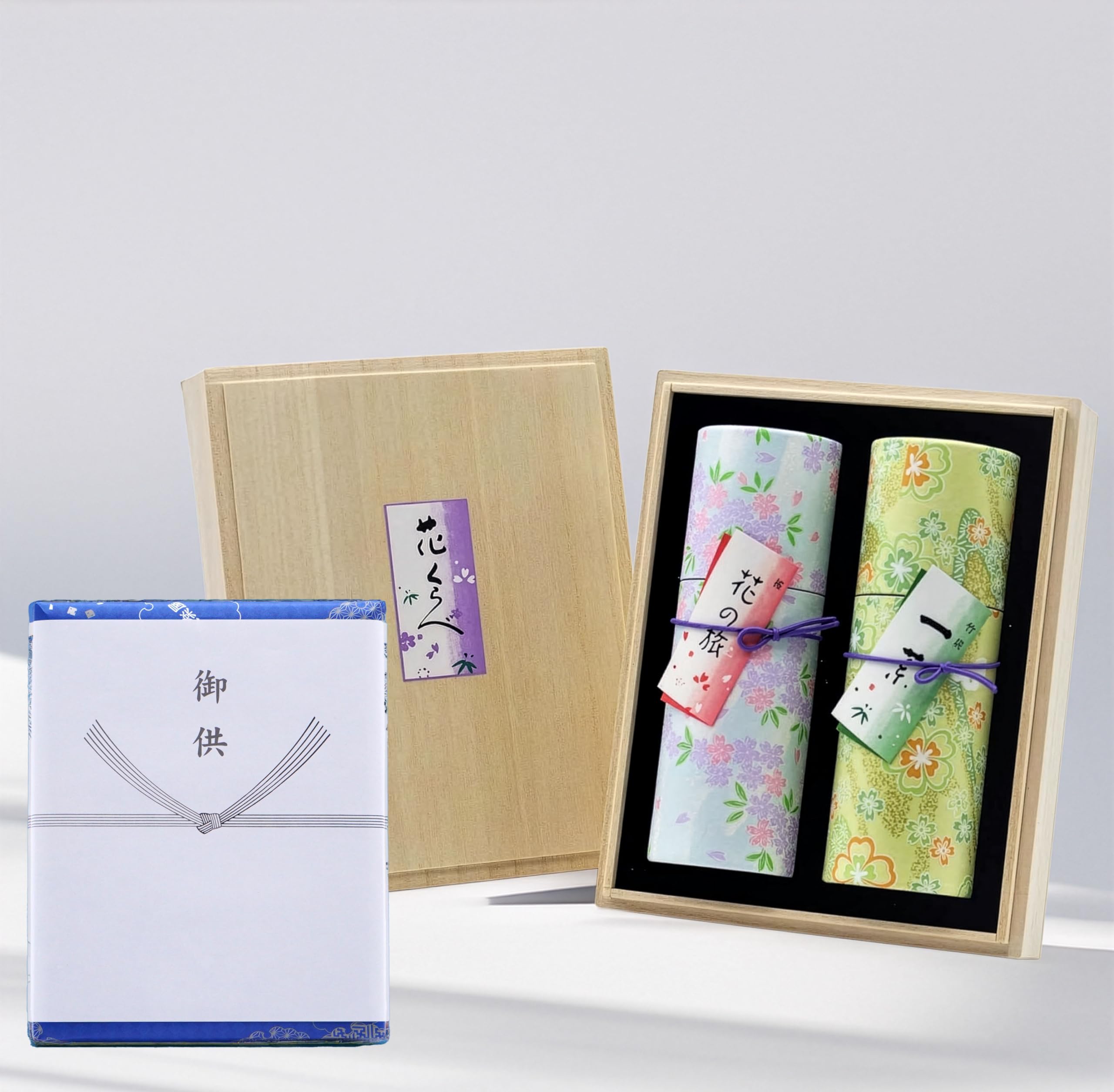 Kiri-bako incense holder, low smoke incense, Hana Kurabe two types of incense (bamboo charcoal and cherry blossom scent), gift-wrapped with noshi,