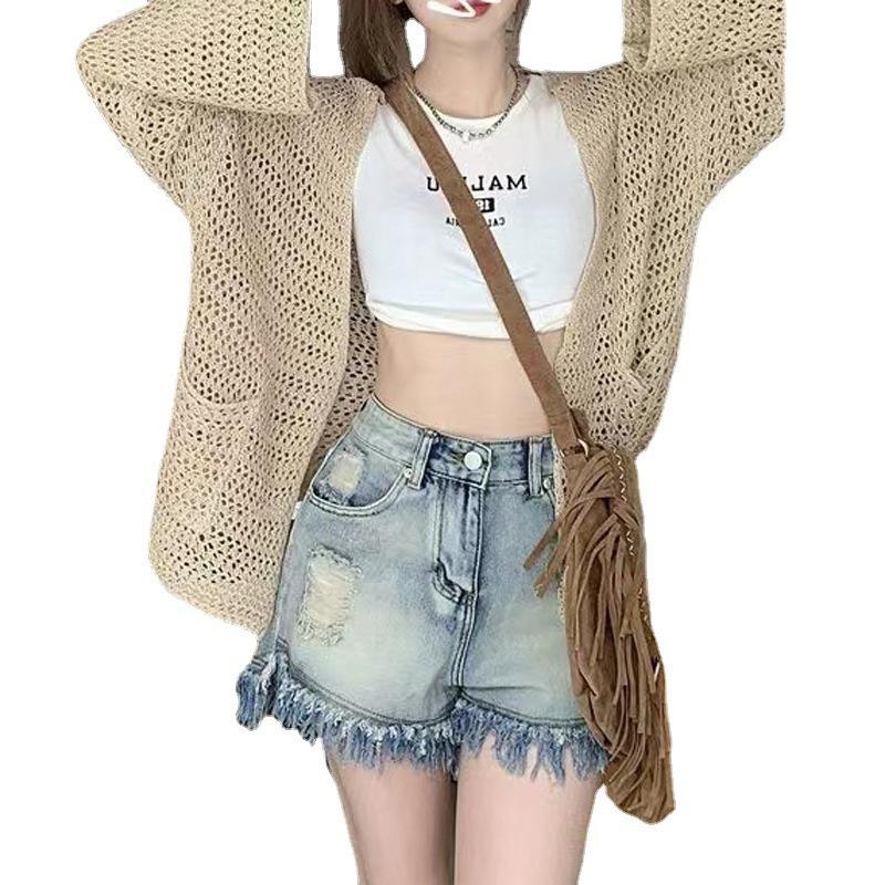 Summer women's thin hollow pocket knitted cardigan outer wear design sense niche hot girl sunscreen shawl top coat