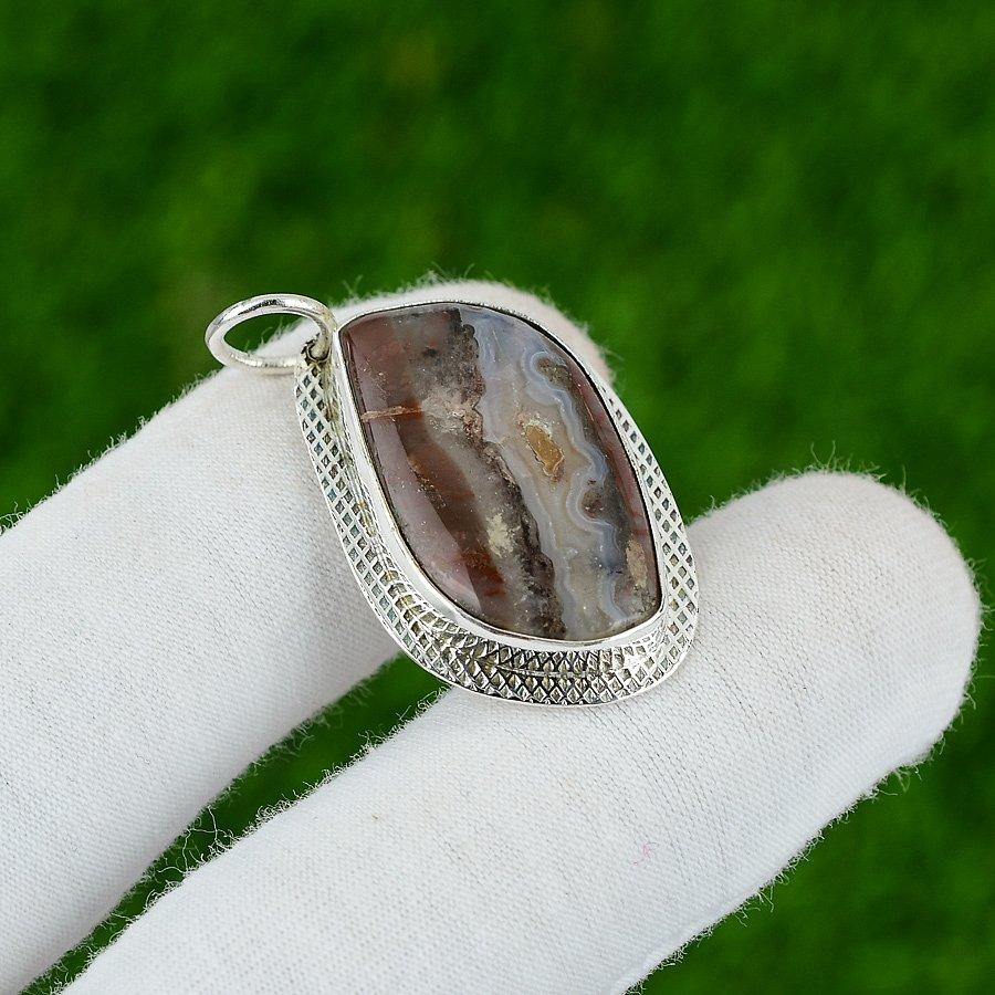 

925 Silver Marquise Natural Mexican Laguna Lace Agate Mother Bezel Boho Pendant