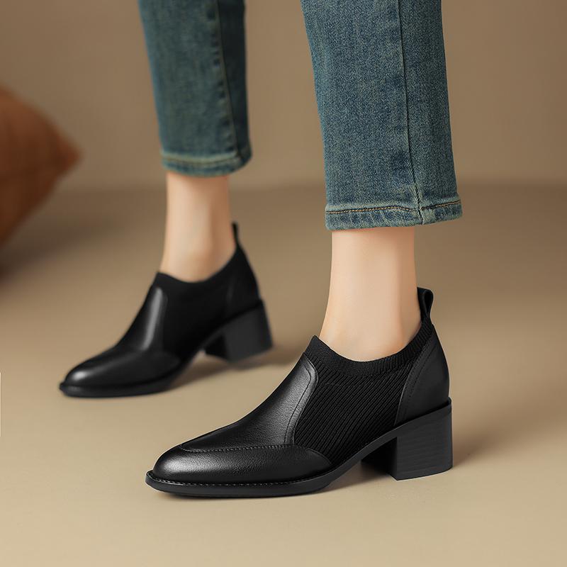 2024 New Genuine Leather Top Quality Retro Shoes Woman Spring Slip On Dress Black Round Toe Ladies Loafers High Heel Shoes