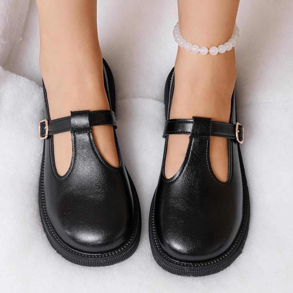 22 Round Head Belt Buckle Single Shoes, New Fairy Style British Style Small Leather Shoes, Flat Thick Heel