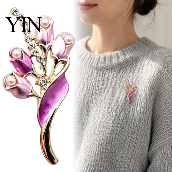 Elegant Alloy Jewelry Faux Pearl Tulip Brooch for Women, Bling Rhinestone Flower Decorative Shirt Brooches Lapel Pin, Dainty Clothing Wedding