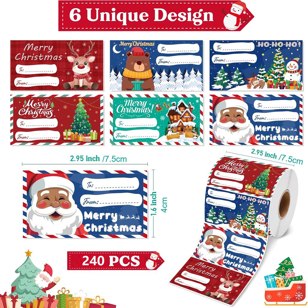 240pcs/1roll Christmas Gift Tags - Self-Adhesive Sticky Label - Christmas Party Supplies, Christmas Accessories,Festive Labeling