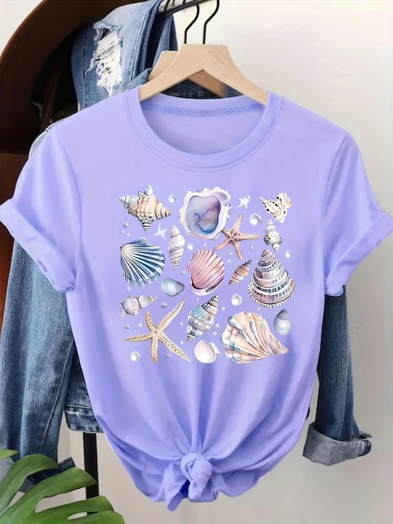 Summer Playful Women's Casual Short Sleeve T-Shirt Shell Print Ocean Style Trendy Tops Hawaii Vacation Outdoor Fit Woman Clothes