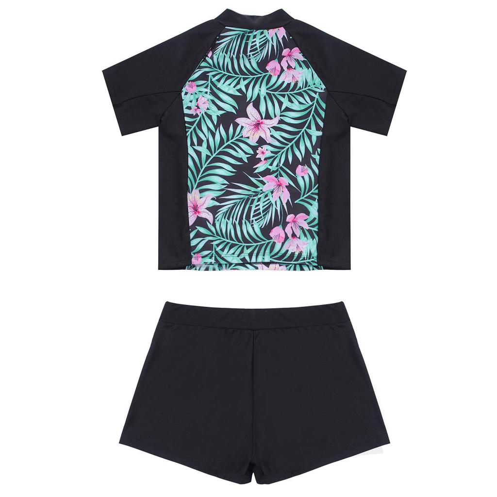 Girls 2 Piece Floral Print Swim Set Round Neck Short Sleeve Top Elastic Waist Boyshorts Beach Bathing Suit Swimsuit
