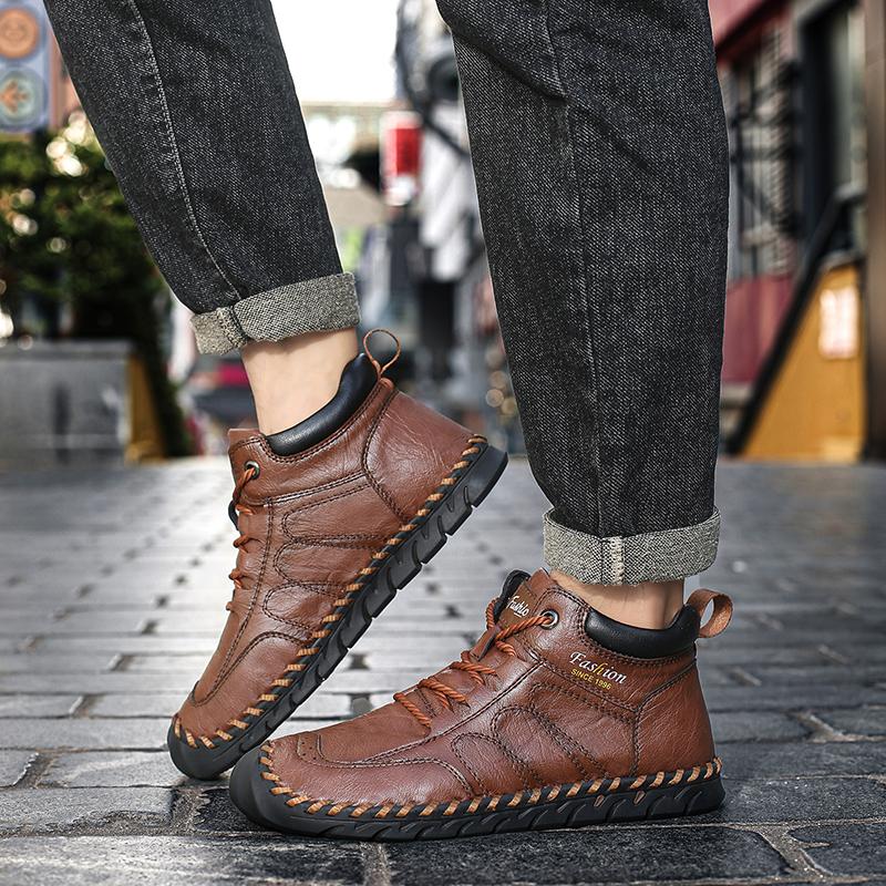 Hand-stitching Leather Men Boots Genuine Leather Casual Leather Shoes Men Ankle Boots