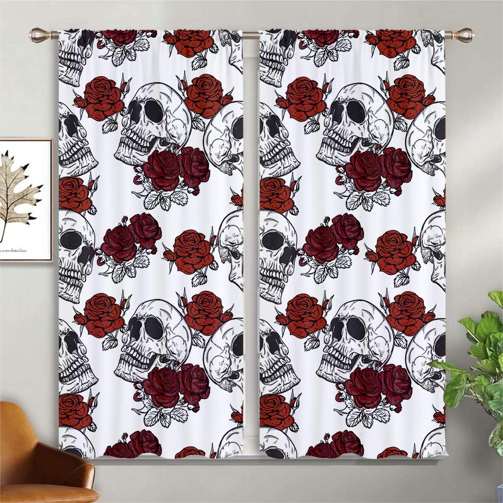Window Curtains Skull Steal Floral Retro Gothic Print Curtains Suitable For Bedroom Living Room Study Room Decorative Curtains