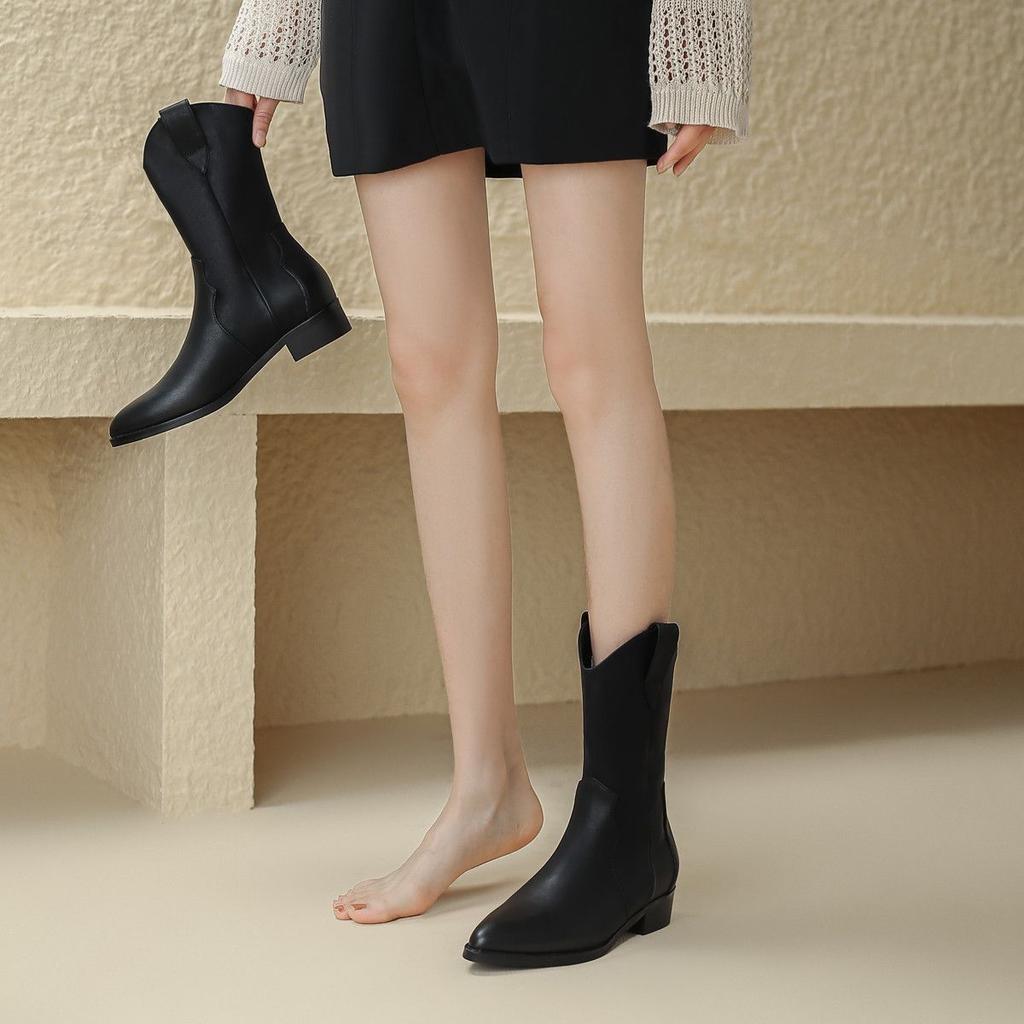 Fashion Autumn Winter Leather Ladies Mid Calf Shoes Pointed Toe Middle Heel Women's Half High Boots New Rock Chic and Elegant Gyaru Boot