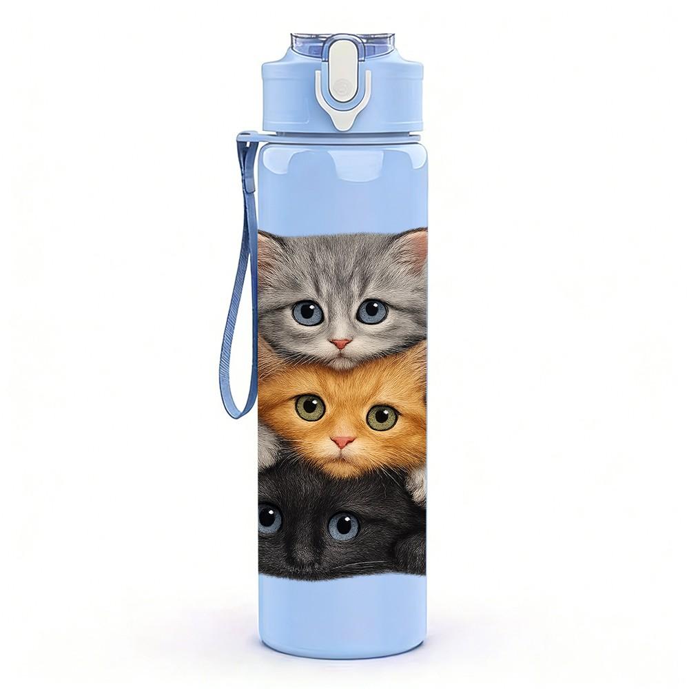 1PC Two Stacked Fluffy Cats 750ml Color Plastic Sports Water Bottle Leakproof Flip Straw Lid For Sports Office Home Use