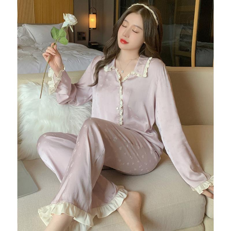 French Purple Jacquard Light Luxury Ice Silk Pajamas Short-Sleeved Trousers Women'S Summer Thin High-End Loungewear
