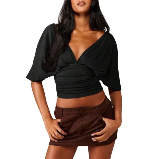 

Women Tops Puff Sleeves V Neck Slim Fit Pleated Waist Pullover Tops Pure Color Summer Short Tops Daily Wear S чорний