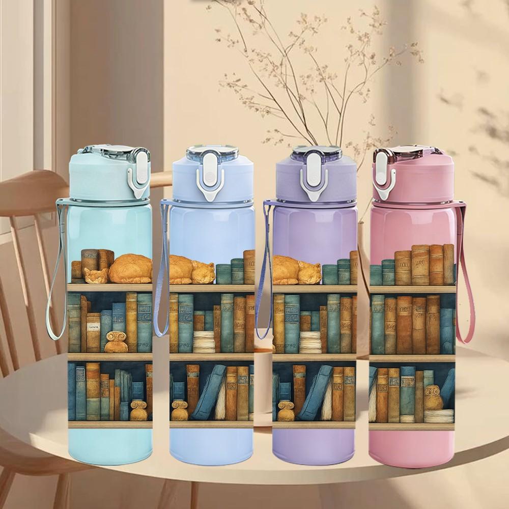 1PC Vintage Bookshelf Book Stack Print 750ml Color Plastic Sports Water Bottle Leakproof Flip Straw Lid Suitable for Sports Office Home Use