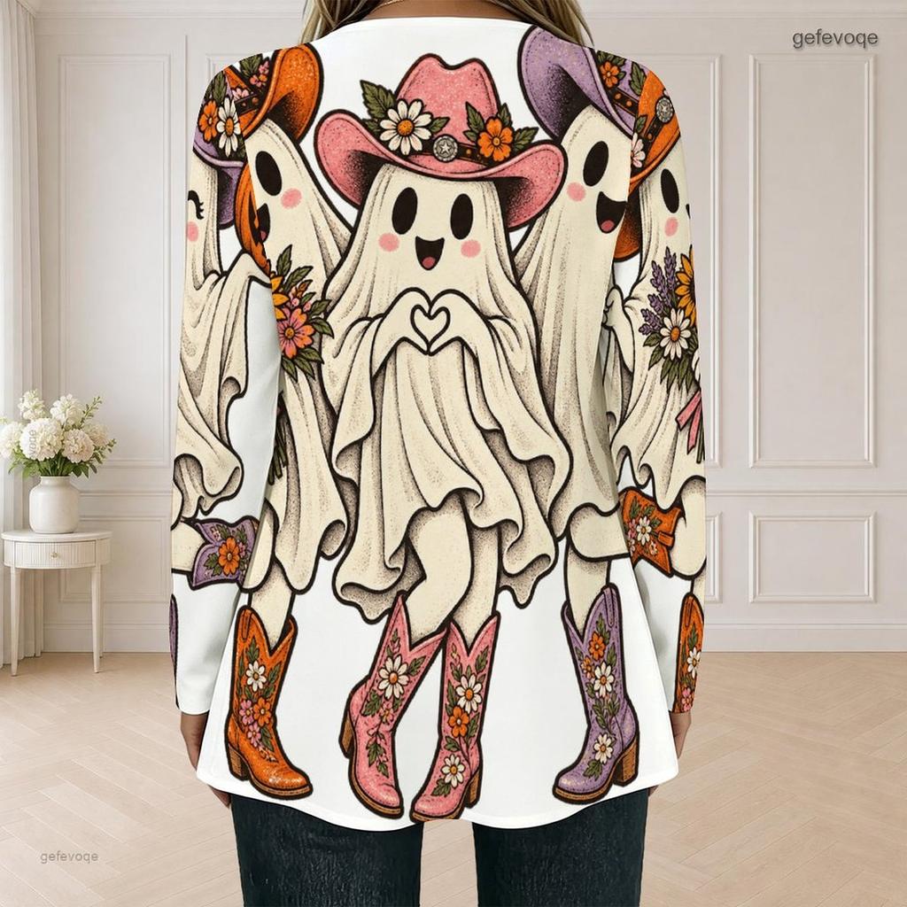 Women Plus Size Square Neck Long Sleeve Faux Two Piece Printed T Shirt Halloween Teddy Bear Pumpkin White