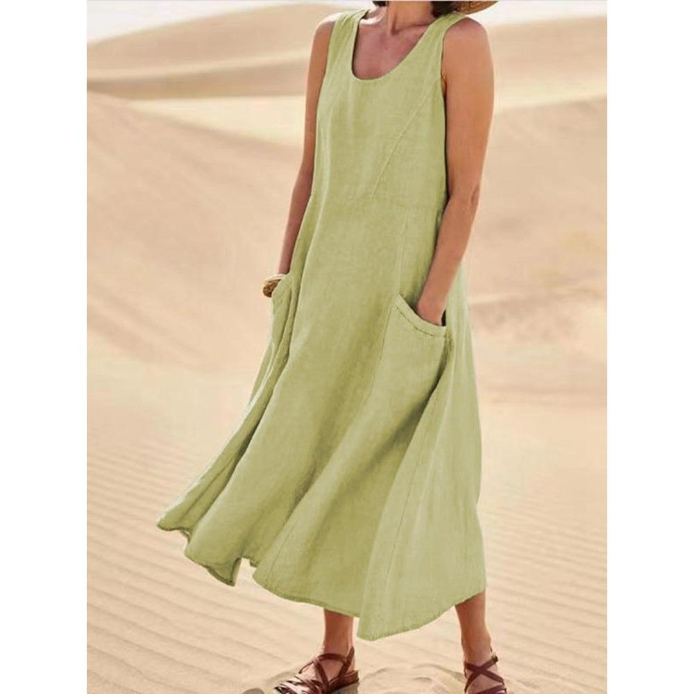 summer European and American pocket sleeveless crew neck women's cotton and linen dress