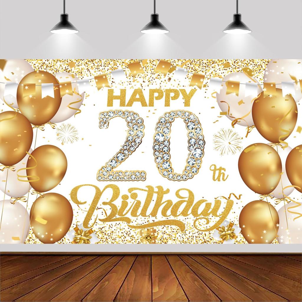 6x3.6ft Happy 80th Birthday Backdrop Banner,White And Gold Birthday Backdrop Sign, Happy Birthday Party Supplies Photo Background for Children Men