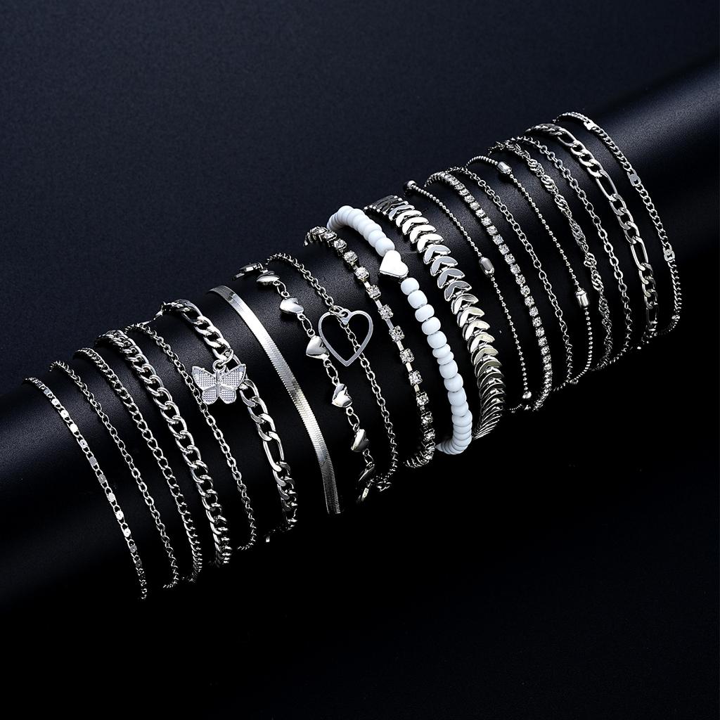 19 Stück/Set Neues Design Silberfarbene Fußkettchen-Sets für Damen Mode Perle Schmetterling Herz Kristall Fußkette Vielseitiger Täglicher Schmuck