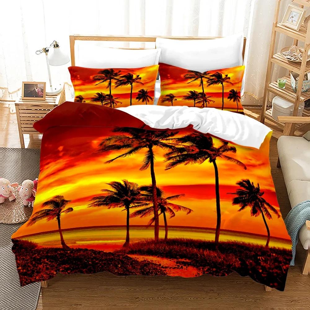 Strand Sonnenuntergang Bettbezug Set Tropische Insel Mit Der Palme Und Meer Strand Natur Thema Queen Size Bettdeckenbezug