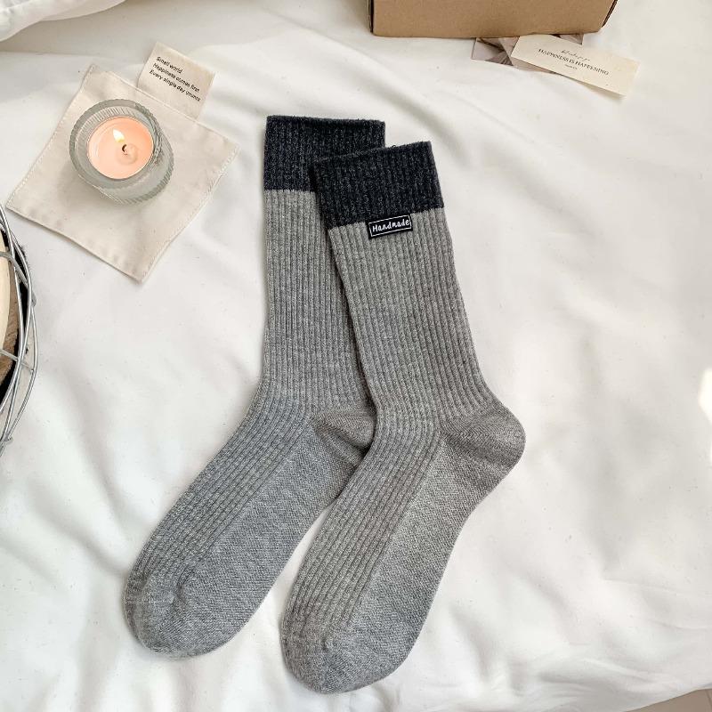 Wool Socks with Children's Multi-color Letter Fabric Labels, Mid-calf Socks, Vertical Stripes, Chunky Socks