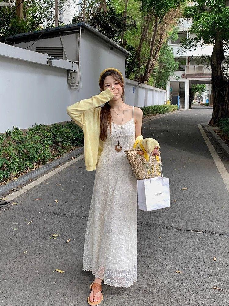 French white suspender dress children s summer new style temperament early spring lace heavy industry dress S абрикосовый