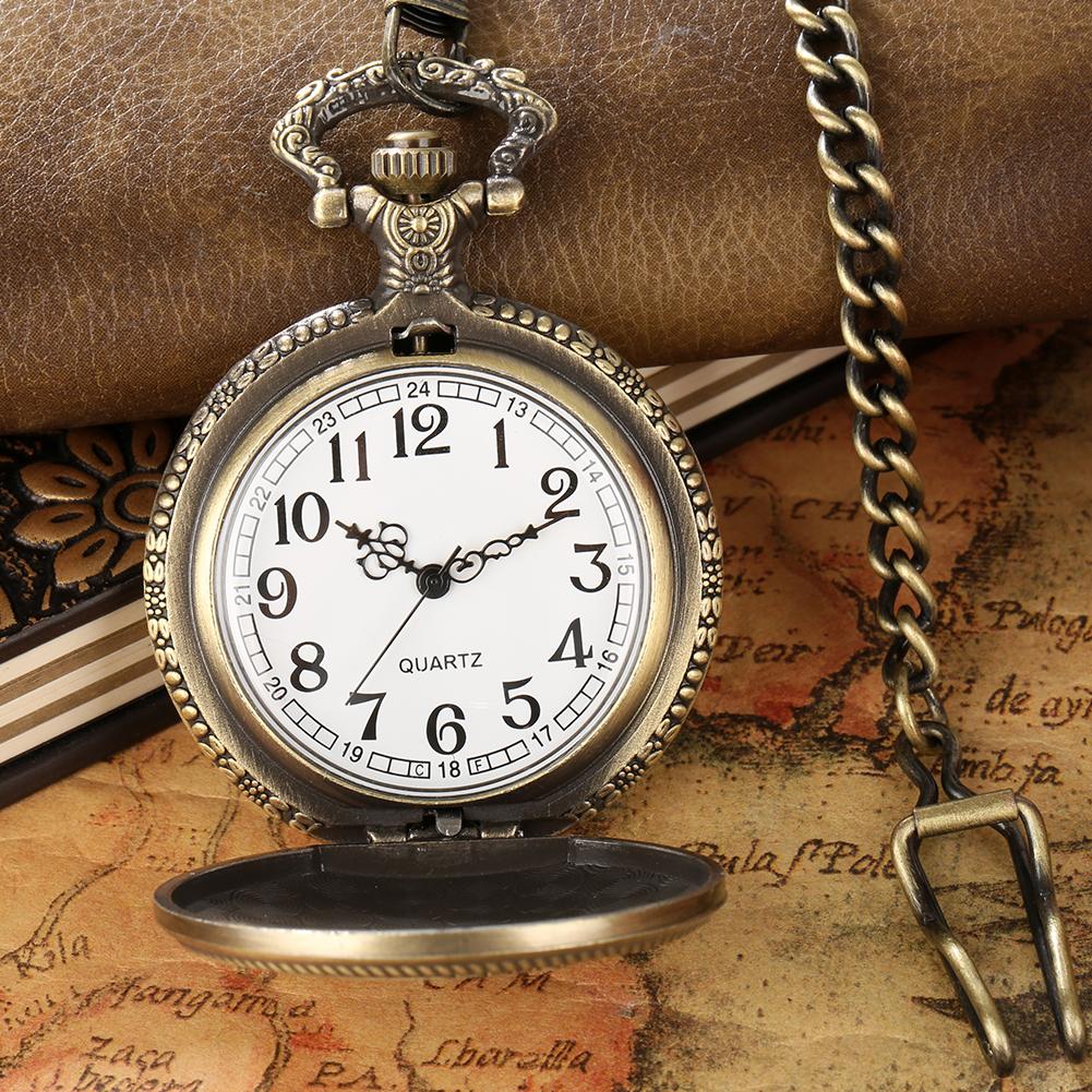 Vintage Punk Drachen Würfel Muster Quarz Taschenuhr Retro Bronze Anhänger Kette Halskette Uhr Zifferblatt mit Arabischen Ziffern Zeitanzeiger