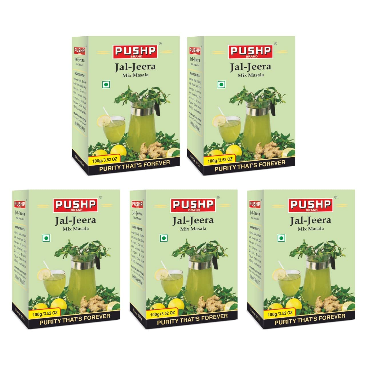 Pushp Jal Jeera Powder Authentic Indian Spice Mix Refreshing Summer Drink Tangy Cumin Mint Blend Flavor Enhancer 100g Pack 5