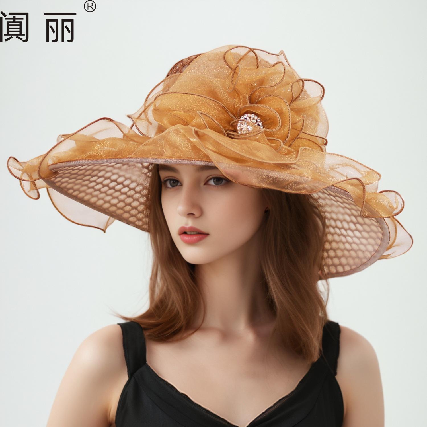 

European and American sunscreen hats, women s organza solid color big flower sun hat, British lady elegant temperament sun hat M（56-58cm）