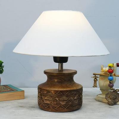 Lampa stołowa drewniana 34,54 cm, nowoczesna podstawa, abażur z tkaniny do domu, biura, kawiarni, restauracji, rzeźbiona doniczka, sypialnia, jadalnia, obok łóżka, kuchnia