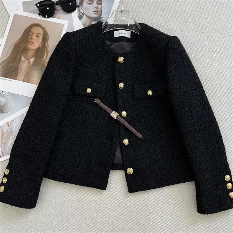Spring Autumn Black Small Fragrant Style Short Jacket Women s Top Round Neck Coarse Tweed Coat Female Outwear XS чёрный
