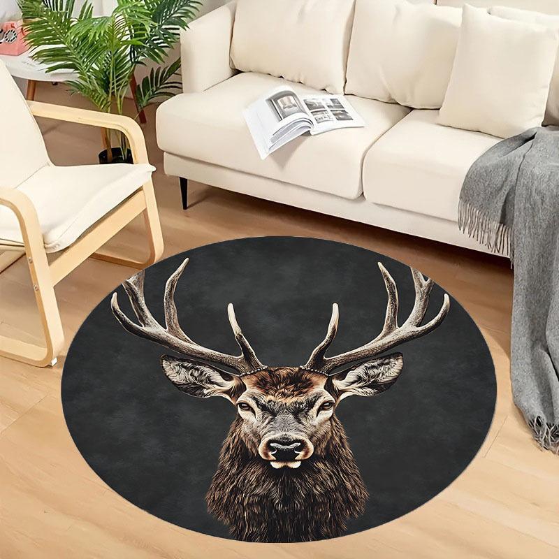Flannel Printed Round Rug With Deer Head Design For Home Decor Soft Floor Mat Wildlife Art Theme Modern Interior