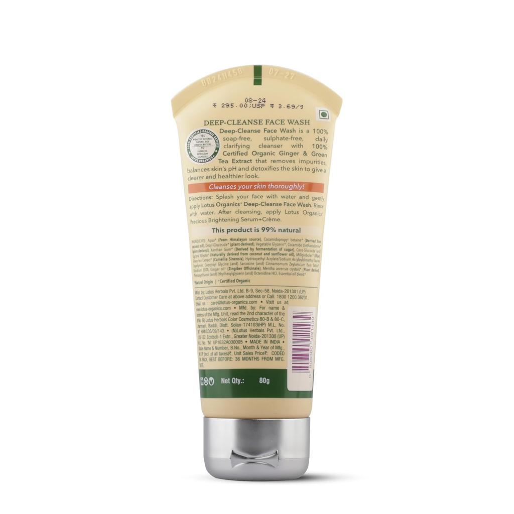Lotus Organics + Deep Cleanse Face Wash for Women & Men | 100% Certified Organic Green Tea & Ginger | Controls Acne & Prevents Breakouts | Reduces