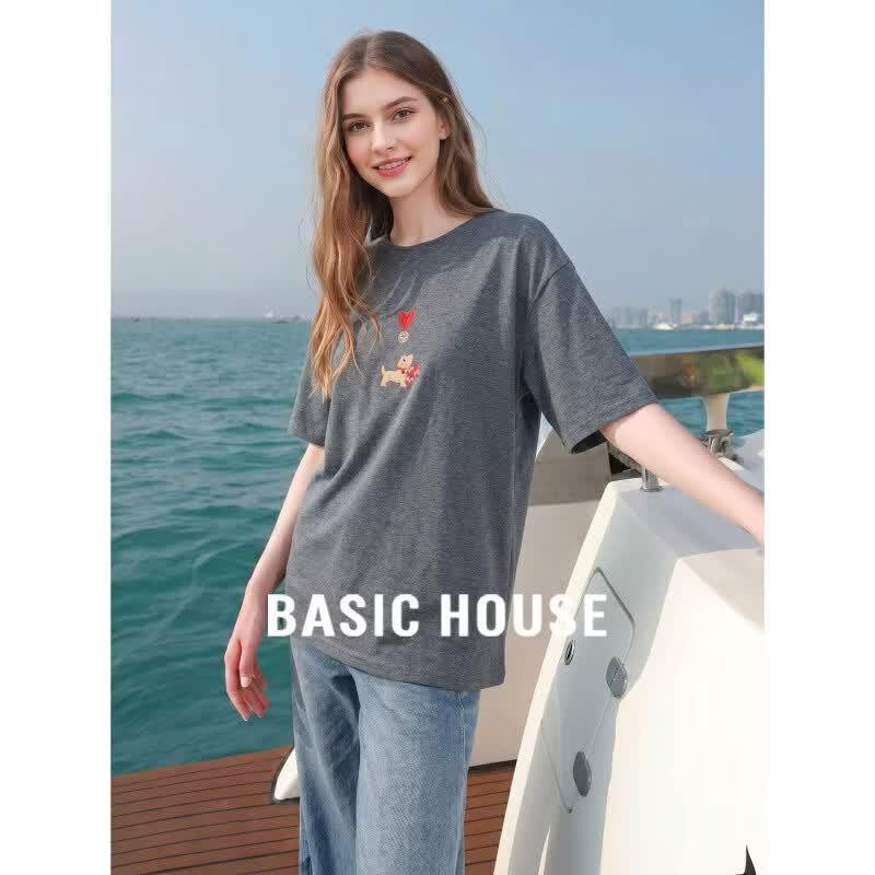 Basic House Women s Embroidered Round Neck T-Shirt XL