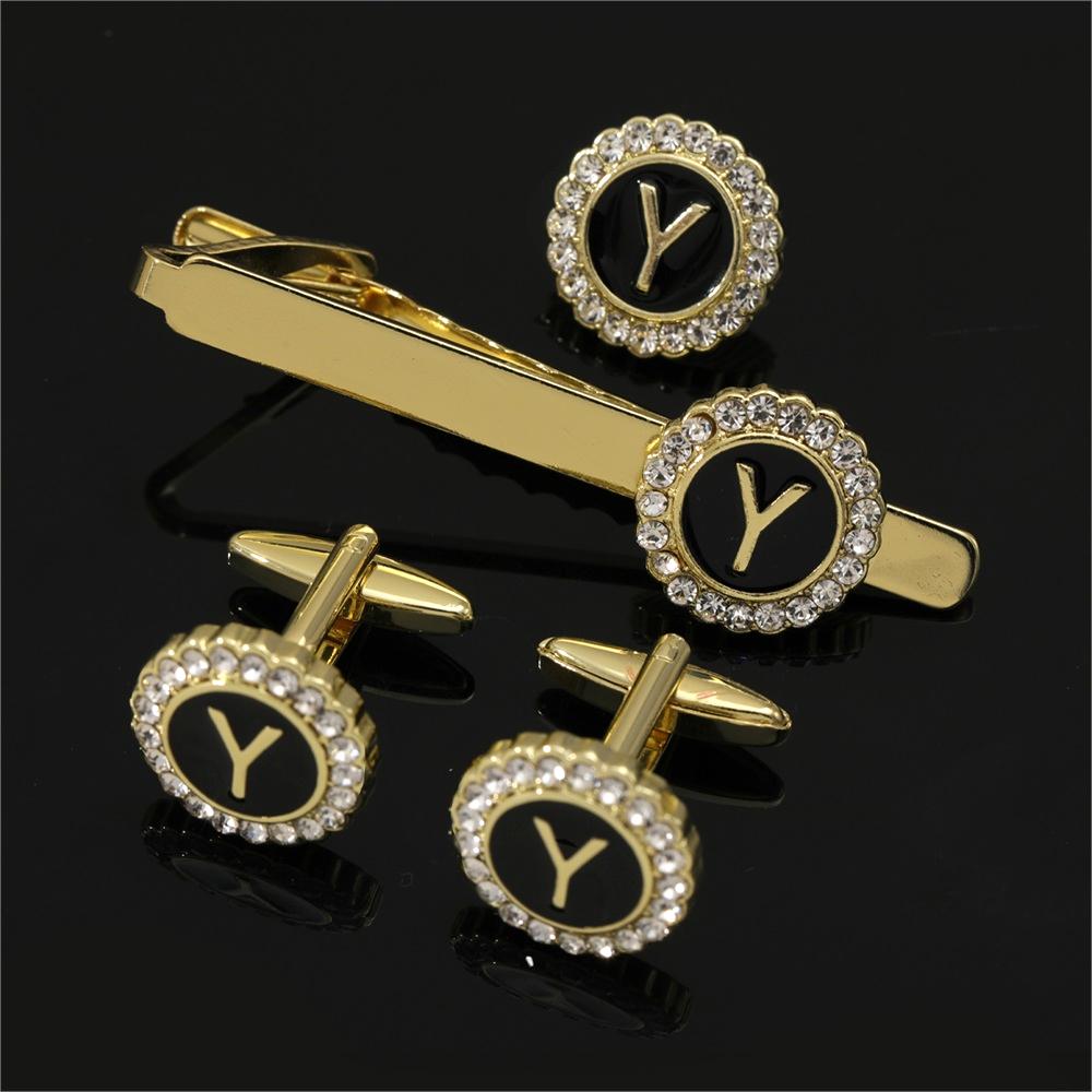 

1 Set Of A-B-Z Letters Capital Initial Cufflinks And Tie Clip Jewelry Mens Crystal Round Cuff Links Father s Day Birthday Gift