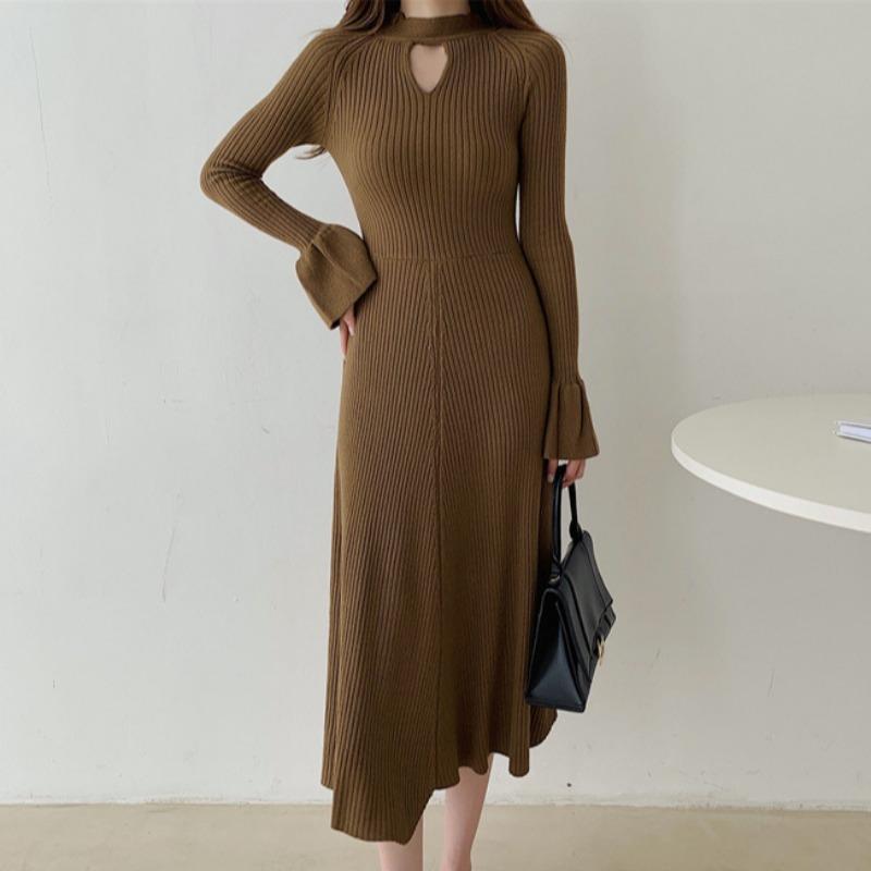 

Женская мода осень-зима сплошной цвет печати с длинным рукавом и круглым вырезом с высокой талией повседневные платья L зелёный