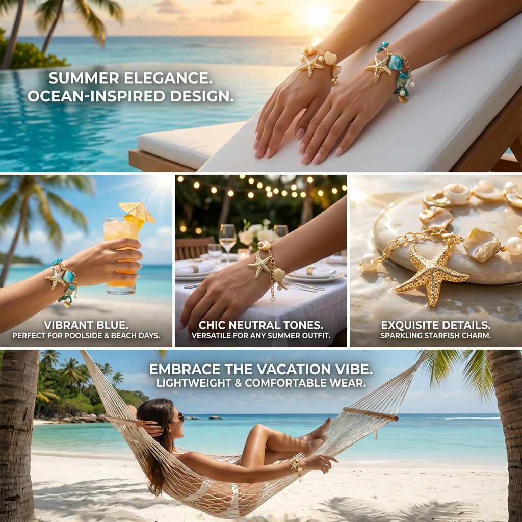 Bohemian Beach Style Bracelet For Women Gold Color Big Starfish Shell Conch Charm Bangle Girls Summer Vacation Jewelry Accessory