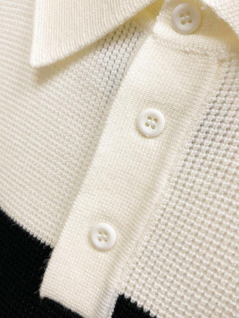 European Men's Luxury Knit Polo with Stripe Patchwork and Triangle Logo