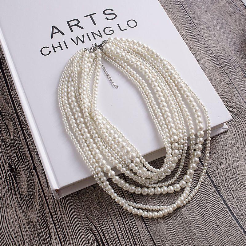 Fashion Exaggerated Eight-layer Imitation Pearl Necklace French Multi-layer Stacked Collarbone Chain Retro Versatile Round Bead Chain Jewelry Women
