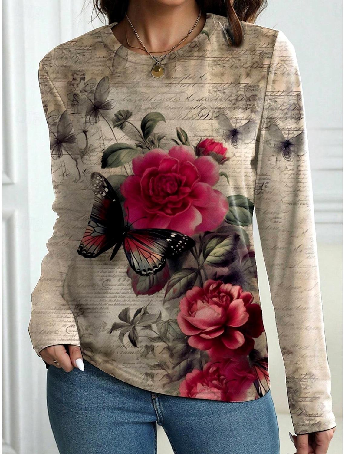 

Модная женская футболка с круглым вырезом и длинным рукавом с винтажным цветочным принтом, повседневные топы, женская одежда, женская одежда в стиле Харадзюку, пуловер 8XL