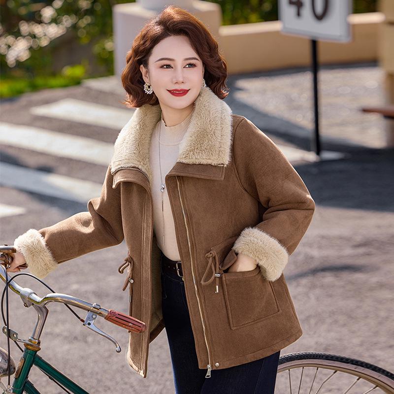 

Mid-Age Women s Winter Fashion: Velvet-Thickened Short Cotton Jacket with Leather and Fur 3XL (For 120-135 lbs) хаки