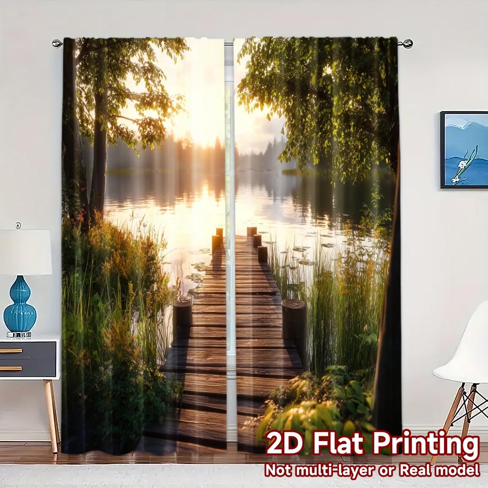 

Set Of 2 Modern Flat Printing Curtains Without Rod Sunlit Pier Curtain Polyester Decorations Home Perfect W100*H70(CM)-Hooks&2PCS